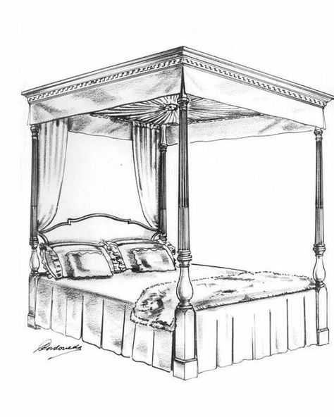 Canopy Bed Drawing Beds With Canopy, Poster Bed With Canopy, Four Poster Beds, Bed Drawing, Bed With Canopy, Poster Beds, Royal Bed, Royal Bedroom, Victorian Bed