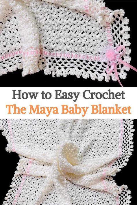 Prepare your little one's crib and give it extra comfort with this adorable and easy crochet baby blanket. The Maya Crochet Baby Blanket pattern with a delicate crochet stitch edge with a lacey effect. To make this crochet baby blanket, you will need #4 acrylic yarn or any yarn weight such as 8ply, 10ply, DK, Aran, or #3 acrylic or cotton yarn. You will need about 785g of yarn to make the blanket, which measures around 43 x 44 cm including the border. Crochet it as a baby blanket for coming... Crochet Baby Blanket Free Pattern 4 Ply, Lacey Baby Blanket Crochet Patterns, Crochet Lace Baby Blanket, Baby Blanket Patterns Sewing, Crochet Baby Blanket Borders, Diy Baby Blanket Crochet, Border Crochet, Crochet Baby Shawl, Lace Baby Blanket