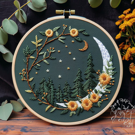 Create a serene night sky scene 🌌 with this hand embroidery pattern. Perfect for embroidery hoop art and stitching enthusiasts. Instant download pattern. #HandEmbroidery #EmbroideryArt #NightSkyEmbroidery #EmbroideryPattern #DIYCrafts Witchy Embroidery Designs, Embroidered Moon And Stars, Whimsical Embroidery Patterns, Desert Embroidery Pattern, Autumn Embroidery Ideas, Hand Embroidery Ideas Projects, Embroidery Celestial, Negative Space Embroidery, Moon Embroidery Pattern