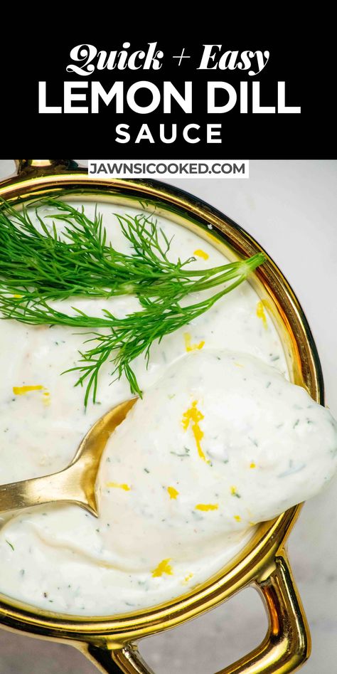 This creamy lemon dill sauce recipe comes together in just 5 minutes, with plenty of fresh dill and lemon for a bright and flavorful sauce that goes great with everything from salmon to fresh veggies! Lemon Sauce For Fish, Creamy Lemon Dill Sauce, Dill Sauce Recipe, Dill Cream Sauce, Dill Sauce For Salmon, Easy Sauce Recipe, Lemon Dill Sauce, Dill Recipes, Creamy Dill Sauce