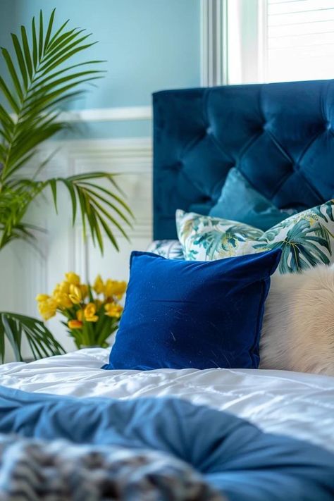 Blue Headboard Bedroom Ideas: My Stylish Makeover Blue Bedframe Bedroom Ideas Velvet, Blue Headboard Bedroom Ideas, Velvet Blue Bed, Blue Headboard Bedroom, Baby Blue Bed Headboard, Headboard Bedroom Ideas, Blue Velvet Headboard, Blue Kingsize Bed, Dark Blue Bedroom Beds & Frames