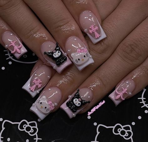 Hello Kitty X Kuromi, Nails Pink Acrylic, Square Gel Nails, Hello Kitty Nails Art, Quinceanera Nails, Girly Acrylic Nails, Work Nails, Blush Nails, Hello Kitty Nails