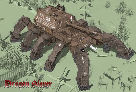 Hornschroeter baking in the sun by flaketom Tank Mech, Spider Tank, Walking Tank, Mecha Tanks, Fantasy Tank, Dieselpunk Vehicles, Sci Fi Tank, Tank Art, Chair And Table