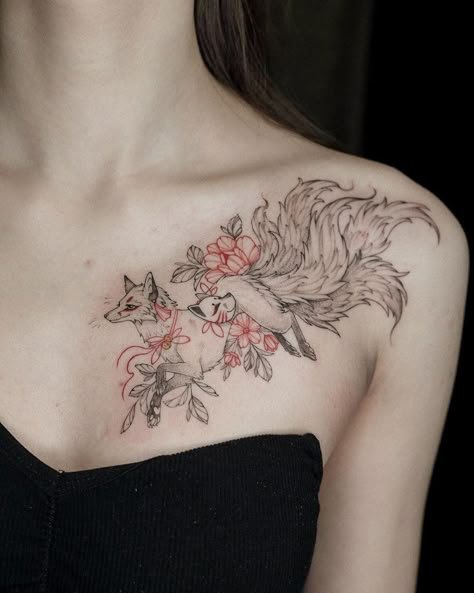 7 Tail Fox Tattoo, Whimsical Collar Bone Tattoo, Anime Fox Tattoo, Black And White Fox Tattoo, Fox Tatoos Design, Gumiho Tattoo, Nine Tail Fox Tattoo Design, Small Fox Tattoos For Women, Japanese Fox Tattoo Design