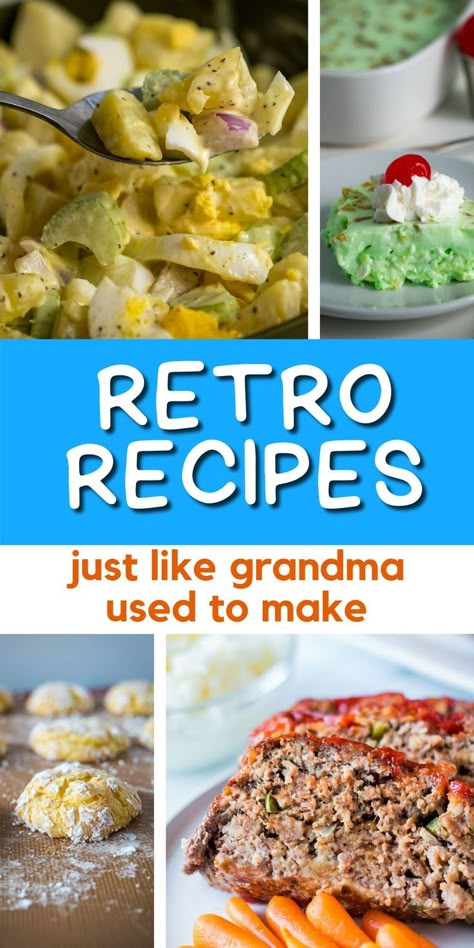 retro recipes collage with cookies, potato salad, jello salad and meatloaf. Slow Cooker Creamy Chicken, Grandma Cooking, Heirloom Recipes, Simple Family Meals, Cheap Meal, Green Bean Recipes, Grandmas Recipes, Traditional Recipes, Potluck Recipes