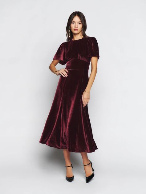 Velvet Dress Short, Fancy Shop, Dress With Flutter Sleeves, Sleeved Velvet Dress, Velvet Dresses, Red Velvet Dress, Velvet Midi Dress, Reformation Dress, Silky Dress