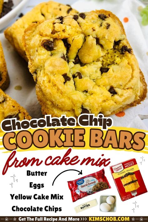 Indulge in these Cake Mix Cookie Bars made with only 4 simple ingredients. Enjoy fluffy cookie bars filled with delicious chocolate morsels in every bite. Perfect for a quick and easy treat! Lazy Cookie Bars Yellow Cakes, Yellow Cake Mix Chocolate Chip Cookie Bars, Yellow Cake Cookie Bars, Cookie Bars With Yellow Cake, Yellow Cake Mix Chocolate Chip Bars, Yellow Cake Chocolate Chip Cookies, Yellow Cake Mix With Chocolate Chips, Yellow Cake Mix Bars Recipes, Chocolate Chip Bars With Yellow Cake