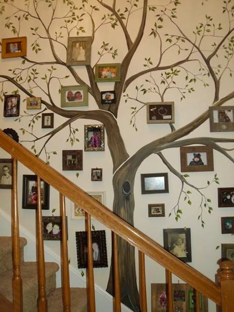 Family Tree Mural, Family Tree Wall Art, Family Tree Photo, Display Family Photos, Tree Mural, Stair Case, Family Tree Wall, Family Wall, Photo Tree