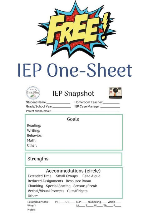 Free Printable IEP one-sheet  Also called Snapshot IEP great way to give an overview to a new teacher for back to school #IEPadvice #IEPmeeting #backtoschool #education #DontIEPalone #free #printables Iep Meeting Checklist, Iep Binder, Adapted Pe, Iep Organization, Individual Education Plan, Iep Meetings, Class Displays, Vision Statement, Iep Goals