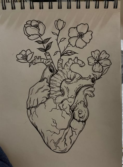 Paper Heart Drawing, Heart With Roses Drawing, Hand Drawing Flower, Pretty Designs To Draw, Pencil Drawings Love, Heart Drawing With Flowers, Natural Forms Drawings, Heart Sketch Aesthetic, Sketches About Love