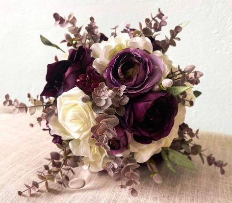 Plum Purple and White Bouquet, Purple Bouquet, Rose Bouquet, Bouquets - Etsy Plum And Ivory Wedding, Plum Wedding Ideas, Deep Purple Wedding Bouquets, Bridesmade Bouquet, White And Purple Bouquet, Purple And White Bouquet, White And Plum Bouquet, Fall Wedding Bouquets Purple, Bridal Bouquetr Purple