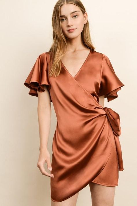 Wrap Party Dress, Short Silk Dress, Message Icon, Copper Dress, Satin Wrap Dress, Tulip Skirt, Mini Wrap, Mauve Dress, Surplice Neckline