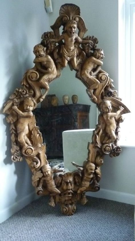 V LARGE 19TH CENTURY LARGE ITALIAN CARVED CHERUB SATYR MIRROR Cherub Mirror, Angel Mirror, I Love Mirrors, Carved Mirror, Mirrored Picture Frames, Antique Mirrors, Art Carved, Mirror Frame, Antiques For Sale