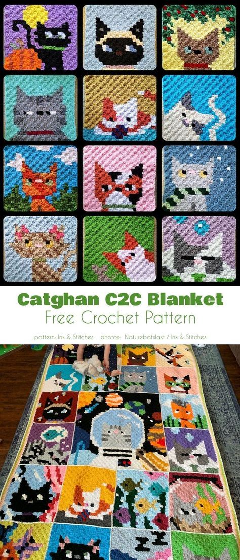 C2C Catghan Free Crochet Patterns | Your Crochet | Bloglovin’ C2c Cat Blanket, Crochet Blanket Size Chart, Crochet Blanket Size, Easy Crochet Blankets, Blanket Size Chart, Crochet Superhero, Crochet Blanket Easy, Chart Crochet, C2c Patterns