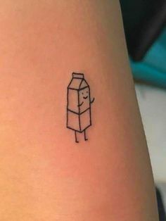 Milk Cartoon Tattoo, Milk Jug Tattoo, Small Funny Tattoos Simple, Silly Tattoos Funny, Derpy Tattoos, Simple Funny Tattoos, Milk Carton Tattoo, Funny Minimalist Tattoo, Funny Little Tattoos