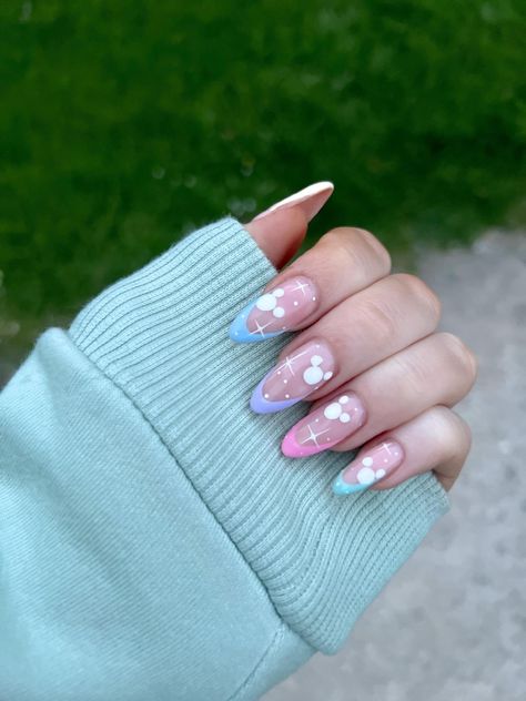 Disney Inspo Nails Simple, Pink And Purple Disney Nails, Acrylic Nails Disney Designs, Pink And Blue Disney Nails, Disney Blue Nails, Cool Nail Inspo Acrylic, Disney Almond Nails Designs, Sleeping Beauty Inspired Nails, Disney Cute Nails