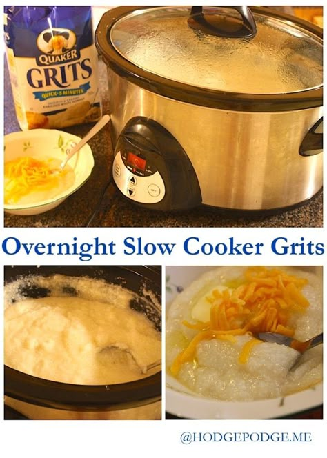 Overnight Slow Cooker Grits and Breakfast Casserole - HodgepodgeMom Grits Recipe Crockpot, Crockpot Cheese Grits Overnight, Grits For A Crowd, Slow Cooker Grits, Football Breakfast, Easy Grits, Crockpot Grits, Breakfast Grits, Breakfast Crockpot