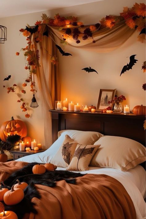 Halloween Aesthetic Bedroom, Witchy Homes, Halloween Astethic, Halloween Themed Bedroom, Halloween Bedroom Aesthetic, Halloween Living Room Decor, Tennessee Outfits, 2024 Bedroom, Halloween Living Room