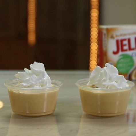 Butterscotch Schnapps Jello Shots, Pudding Shots Butterscotch, Butterscotch Pudding Shots Alcoholic, Carmel Vodka Pudding Shots, Butterbeer Pudding Shots, Butterscotch Pudding Shots, Pudding Shots Alcoholic, Pudding Shot Recipes, Jello Pudding Shots