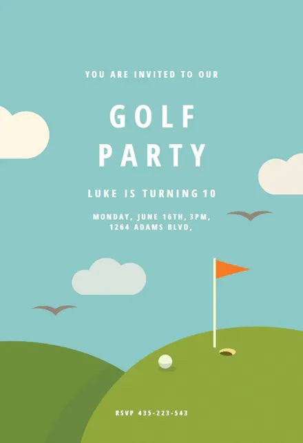 Golf venue - sports & games Invitation Template (Free) | Greetings Island Golf Poster Design, Golf Invite, Venue Invitation, Golf Illustration, Golf Graphic, Outing Ideas, Golf Invitation, Golf Diy, Golf Birthday Party