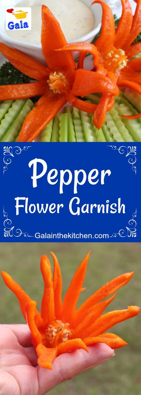 How to make so beautiful and impressive pepper flower garnish. The technique with step by step photos and video. Welcome, visit Galainthekitchen.com Flower Garnish, Fruit Salad Decoration, Salad Decoration, Garnish Ideas, Food Garnish, Watermelon Carving, Fruit And Vegetable Carving, Vegetable Carving, Cocktail Garnish