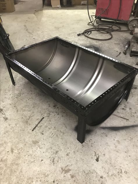 Custom fire pit made from recycled materials. 55 gallon oil drum used for tub. Metal Drum Fire Pit, 44 Gallon Drum Fire Pit, Oil Barrel Fire Pit, Oil Barrel Ideas Garden, Oil Drum Fire Pit, 55 Gallon Drum Fire Pit, Metal Barrel Projects, Metal Fire Pit Designs, Fire Pit Drum