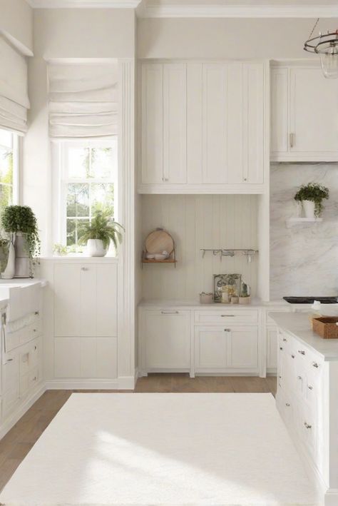 kitchen interior design,white paint color,wall paint ideas,home painting services Bm Winds Breath Walls, Benjamin Moore Winds Breath, Light Oak Floors, White Rugs, Kitchen Decor Styles, Sage Green Kitchen, Color Tips, Green Kitchen Cabinets, Green Cabinets