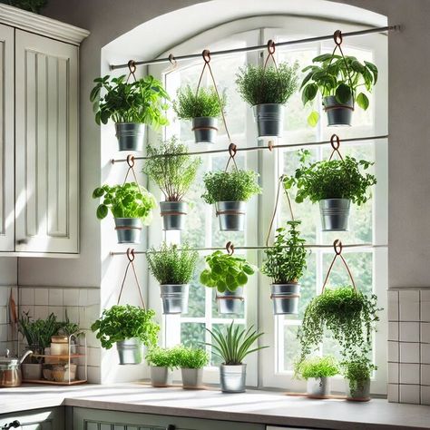 undefined Tension Rod Plant Hanger, Kitchen Window With Plants, Tension Rod Plant Stand, Curtain Rod Diy, Curtain Rod Ideas, Diy Dollar Tree Storage, Fancy Plants, Temporary Room Dividers, Dollar Tree Storage