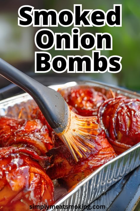 Looking for a delicious BBQ appetizer? Try these smoked onion bombs. These bacon wrapped meatballs are stuffed inside onions and smoked to perfection. Perfect for any BBQ or game day party, these smoked onion bombs are a hit. Easy to prepare and full of flavor. Click to see the recipe for smoked onion bombs. Smoked Football Snacks, Onion Bombshell, Pit Boss Appetizers, Smoker Veggies, Smoked Appetizers For Party, Wrapped Meatballs, Pit Boss Pellet Grill Recipes, Smoked Appetizers, Bacon Wrapped Meatballs