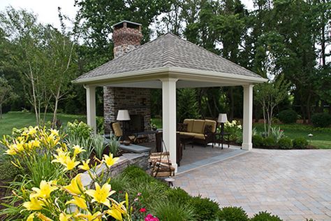 Mullica Hill, NJ Residence by Ledden Palimeno Design/Build Landscape Company, Sewell NJ Outdoor Kitchen And Fireplace, Fireplace Cozy, Pool Gazebo, Pool Pergola, Indoor Outdoor Fireplaces, Outdoor Covered Patio, Backyard Fireplace, Pool Cabana, Backyard Gazebo