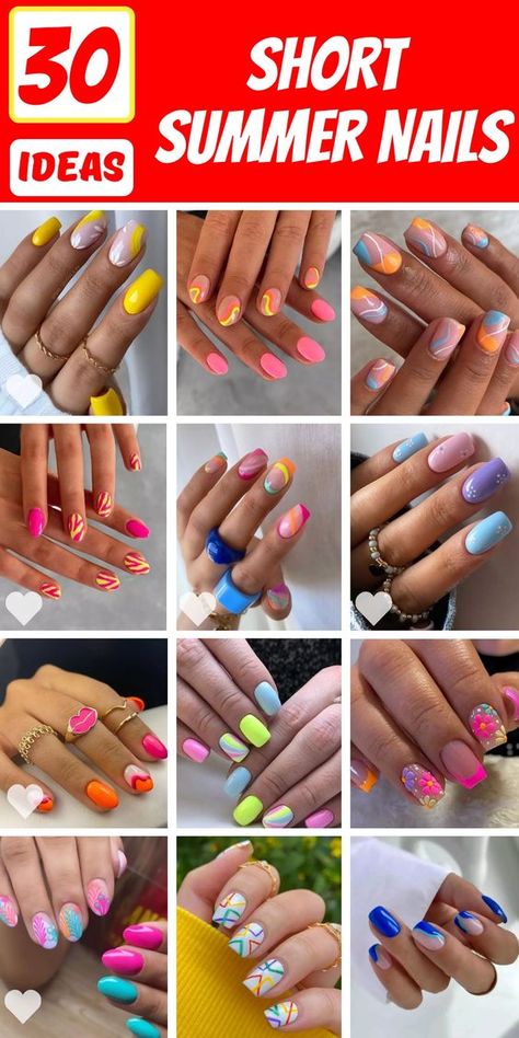 Get creative with your nail art this summer with our selection of top 30 short summer nails. Whether you prefer simple and natural designs or blingy accents, there`s something for everyone in this collection. From classic white to eye-catching neon, discover the perfect nail ideas to express your unique style and personality. Stylish Nails Short Summer, Design For Short Nails Gel, Neon Simple Nails, Bright Fun Nails Summer, Nail Ideas With Accent Nail, Bright Short Summer Nails, Summer Pattern Nails, August Nail Ideas Acrylic Short, Nails Hands Different Colors