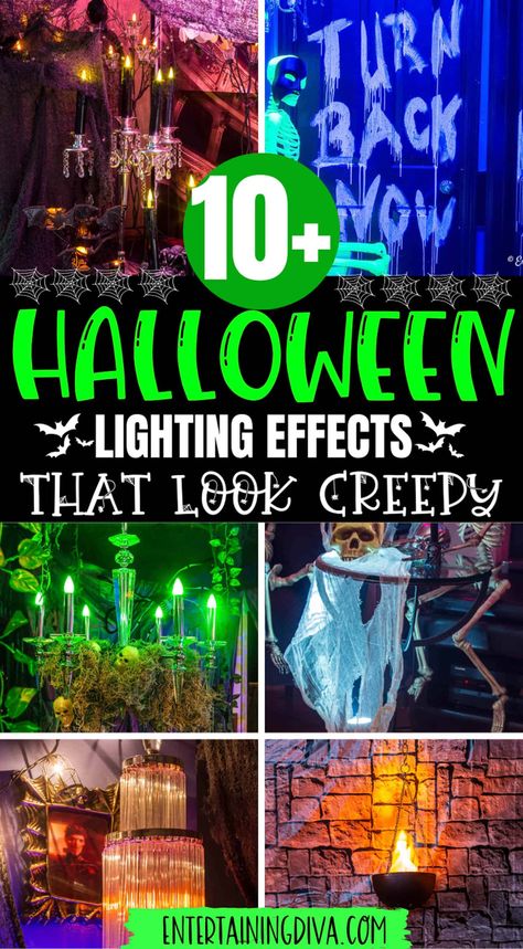 Halloween decorations always look better with awesome lighting effects. Click through to get some great indoor Halloween lighting ideas for your haunted house or Halloween party. Halloween House Lighting, Halloween Props Diy Haunted Houses, Halloween Lighting Outdoor, Halloween Haunted House Decorations, Halloween Lights Decorations, Diy Halloween Decor, Halloween Tattoo, Halloween Front Porch, Spooky Halloween Decorations