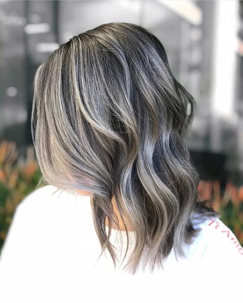 Hair Colour For Going Grey, Ash Brown And Silver Balayage, Hair Colour For Blending Grey, Highlights For Growing Out Grey Hair, Brunette Salt And Pepper Hair, 2023 Grey Hair Trends, Hair Color To Transition To Gray, Low Maintenance Hair Color Brunette With Gray, Lived In Grey Hair