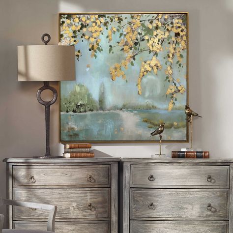 Peaceful Hand Painted Canvas | Uttermost Uttermost Art, Landscape On Canvas, Contemporary Fire Pit, Lake Furniture, Green And Gray, Green Home Decor, Landscape Artwork, Painted Canvas, Hand Painted Canvas