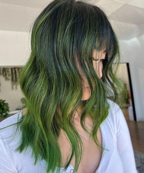 Lunar Tides On Dark Hair, Dark Moss Green Hair, Smokey Green Hair, Chartreuse Hair, Moss Green Hair, Emerald Highlights, Green Hair Ideas, Green Hair Color Ideas, Light Green Emerald