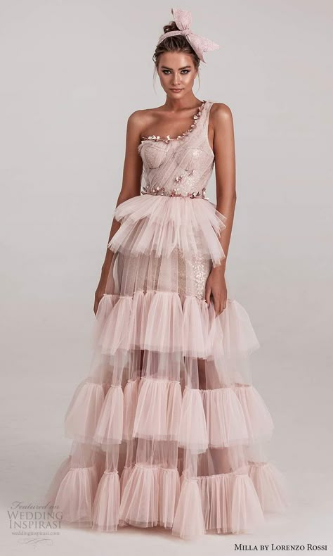 milla by lorenzo rossi 2020 rtw one shoulder straps sweetheart neckline ruched bodice embellished a line dress ruffle tier skirt pink blush (21) mv -- Milla by Lorenzo Rossi Special Occasion Dresses | Wedding Inspirasi  #wedding #weddings #bridal #weddingdress #weddingdresses #bride #fashion #label:MillabyLorenzoRossi #week:272020 #year:2020 ~ Whimsical Dress, Occasion Dresses Wedding, Pink Dresses, Gala Dresses, Couture Gowns, Luxury Style, Gorgeous Gowns, Marchesa, Long Gown