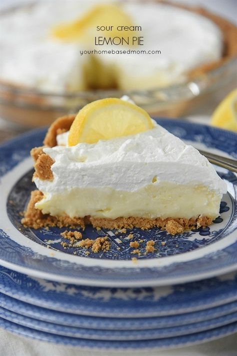 Sour Cream Lemon Pie is a piece of heaven on a plate. #grahamcrackercrust #nobake #whippedcream #lemon #easy #quick Sour Cream Lemon Pie Recipe, Sour Cream Lemon Pie, Sour Cream Pie, Lemon Sour Cream Pie, Lemon Pie Recipe, Lemon Cream Pies, Carrot Cake Cheesecake, Cream Pie Recipes, Turkey Recipes Thanksgiving