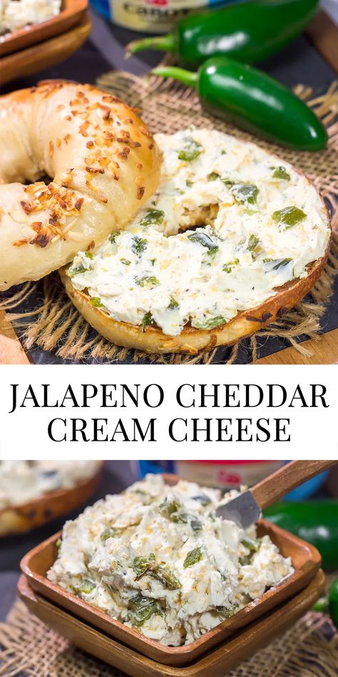 Add a kick to your morning with this homemade Jalapeño Cheddar Cream Cheese. Packed with roasted jalapeños and sharp cheddar cheese, this cream cheese is absolutely delicious! How To Make Jalapeno Cream Cheese, Flavoring Cream Cheese, Jalapeño Cream Cheese Enchiladas, Jalapeno Cream Cheese Recipes, Jalapeno Cream Cheese Sauce, Cream Cheese Spread For Bagels, Cream Cheese For Bagels, Veggie Cream Cheese Recipe, Jalapeno And Cream Cheese