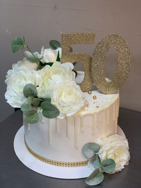 50th birthday cake - white drip design Simple 50th Birthday Cake, 50th Birthday Cake Ideas, White Frosting, 50th Birthday Cake, Birthday Cake Ideas, Simple White, 50th Birthday, Birthday Cakes, Cake Ideas