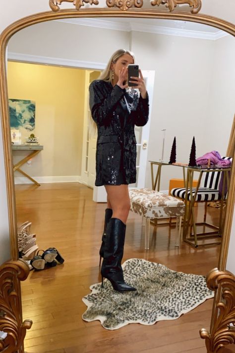 Sequin blazer dress with boots. I’d throw on tights too. Follow my shop @EmilieYawn on the @shop.LTK app to shop this post and get my exclusive app-only content! #liketkit #LTKHoliday #LTKunder50 #LTKshoecrush @shop.ltk https://liketk.it/3ufdV Glitter Dress Outfit Shoes, Boots With Sequin Dress, Sequin Dress With Leather Jacket, Sequin Dress Outfit With Boots, Sequin Dress And Boots, Sequin Boots Outfit, Blazer Dress With Boots, Sequin Dress With Boots, Glitter Dress Outfit