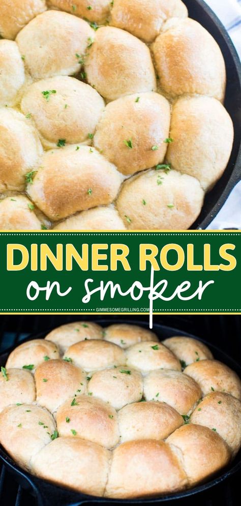 Dinner Rolls on Smoker, Smoker recipes, Thanksgiving side dishes, Thanksgiving dinner Bread In Smoker, Pellet Grill Bread Recipes, Smoker Bread Recipes, Traeger Christmas Recipes, Bread On The Smoker, Smoker Bread, Traeger Sides, Smoker Sides Dishes, Smoked Dinner