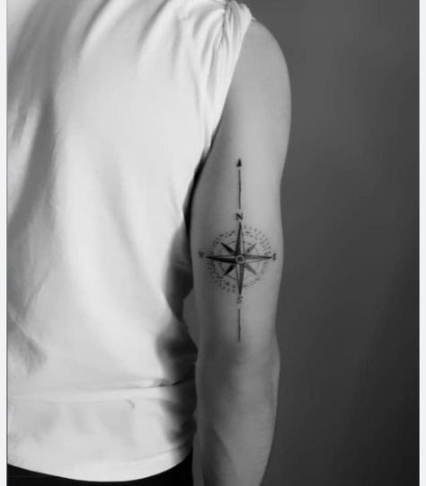 Compass Tattoo Back Of Arm, Tricep Compass Tattoo Men, Compass Tricep Tattoo, Simple Design Tattoos For Men, Compass Tattoo Arm Men, Arm Simple Tattoo Men, Tattoo On Tricep For Men, Compass Tattoo Wrist, Simple Shoulder Tattoo For Men