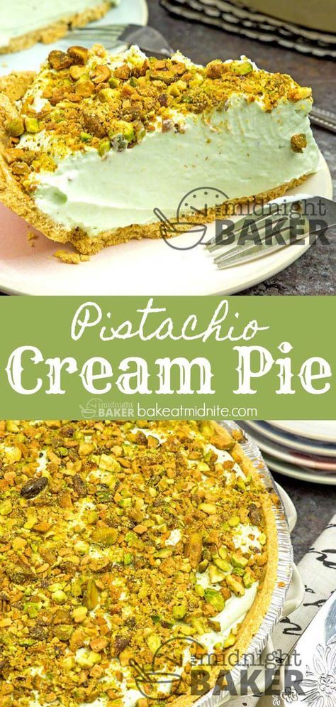 No baking required for this creamy pistachio pie! Blackberry Pie Bars, Pistachio Pie, Desserts Pie, Portable Dessert, Plain Cheesecake, Pecan Pie Filling, Pie Bar Recipes, Pecan Pie Cheesecake, Pistachio Cream