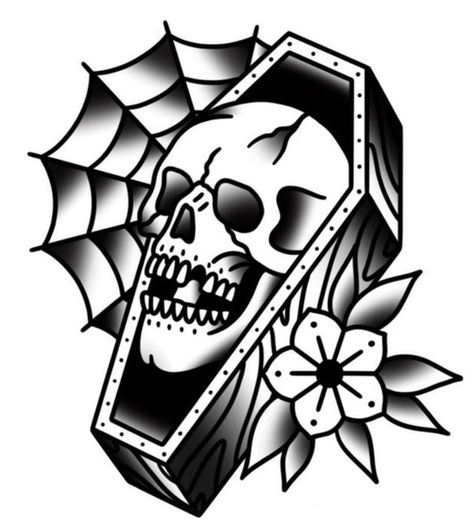 Coffin Skull Tattoo, Skull Tattoos Traditional, Traditional Skull Tattoo Old School, Old School Skull Tattoo Design, American Traditional Tattoos Skull, Traditional Skull Tattoo Design, Traditional Tattoos Men, Tradional Tattoo Ideas, Old School Skull Tattoo