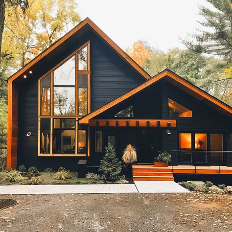 Modern Cabin Exterior, Modern Cabin In The Woods, Black Home Exterior, Modern Cabin Interior, Black Cabin, Home Exteriors, Modern Small House Design, Cabin Exterior, Lush Forest