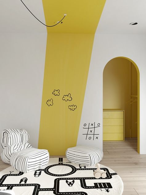 :: peinture mur + plafond :: Yellow White Interior, Graphic Wall Painting Ideas, Yellow Kids Room Girl, Baby Room Painting Ideas, Yellow Wall Painting Ideas, Kid Room Paint Ideas, Wall Painting Ideas Kids Room, Kids Room Painting Ideas, Children Room Wall Painting