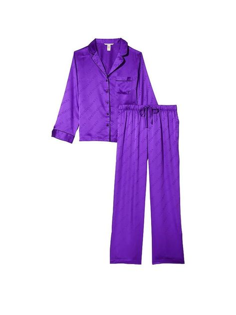 Long Pyjamas, Satin Pant, Satin Pj Set, Lingerie Catalog, Victoria Secret Pajamas, Top Hits, Satin Pants, Button Front Top, Purple Satin