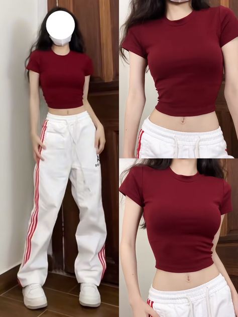 Red Korean Outfits, Casual Dance Outfits, Red Outfit Korean, Dance Style Outfits, Gymwear Outfits, Dance Outfits Practice, Korean Outfit Street Styles, Mode Zara, Fashion Top Outfits