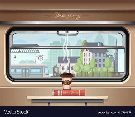 Train Window Drawing, Railway Station Drawing Sketch, Train Window Illustration, Car Window Illustration, Train Station Illustration, Railway Illustration, Glass Of Coffee, Coffee And A Book, Train View