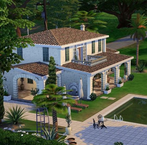 Sims 4 Beach Farm, The Sims 4 Entrance Ideas, Sims 4 Greek House, Parisian Aesthetic Bedroom, Sims 4 Mediterranean House, Parisian Modern Bedroom, French Bedroom Ideas, Parisian Modern, Organic Modern Bedroom